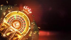 p666 website image 395 showing casino poster with copy space neon gold casino roulette neon slot machine black playing cards and poker chips on dark blurred background vector